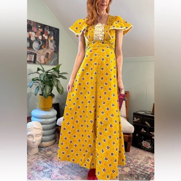 Vintage 70s Floral Yellow Maxi Dress - Picture 1 of 5